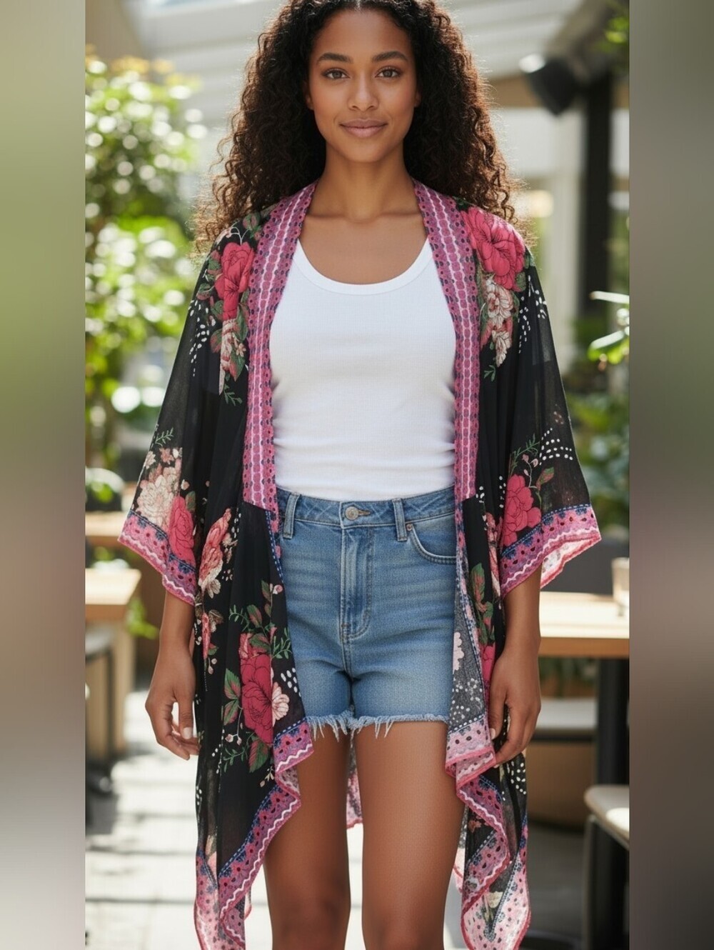 Flying Tomato Kimono Long Open Black Floral Boho Flowy Size S/M